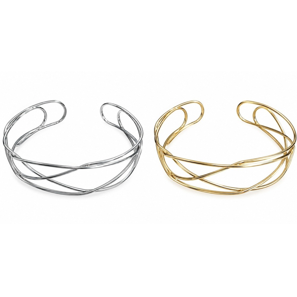 2PC Set Gold and Silver Tone Crisscross Multi-Strand Open Cuff Choker Necklaces